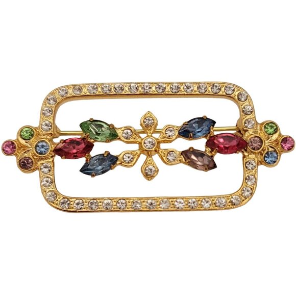 Czech Gold Tone Vintage Rhinestone Flower Square Rectangle Open Brooch Pin E774 - Picture 9 of 9